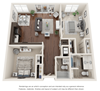 Two bedroom, two bathroom three-dimensional floor plan layout. Large master suite to the right of the floor plan.